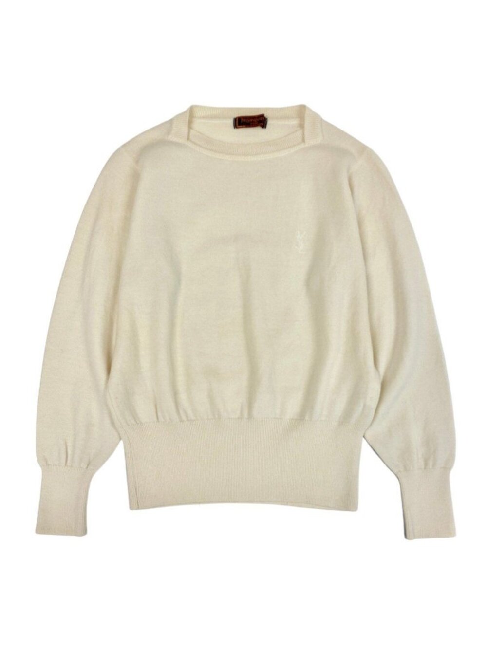 Saint Laurent Cassandra Logo Embroidery Vintage Knit Sweater Off White Wool
